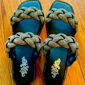 Gold Braided Sandals with Flat Sole
